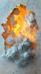 Obraz premium A surreal portal displays orange light and billowing white clouds against a textured surface evocative of abstract drea