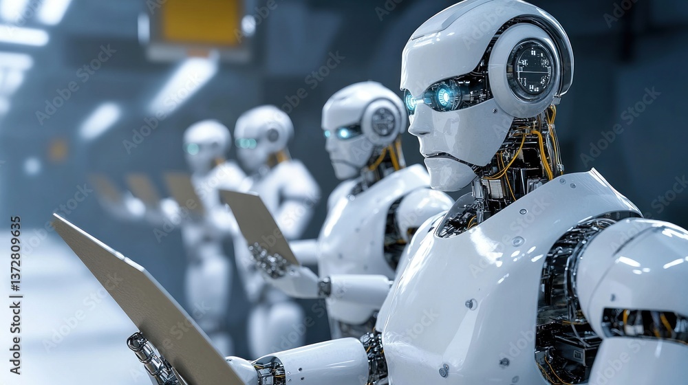 Poster futuristic robots in a technological setting