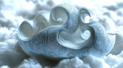 A surreal textured cloud-like structure with swirling patterns resting on a bed of fluffy clouds illuminated by soft