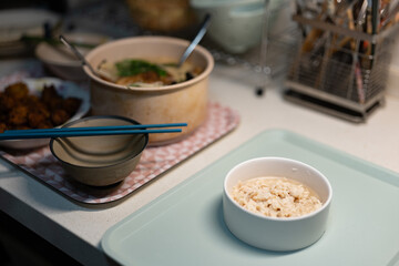 Asian home made food, table with pets family, organic healthy low salt