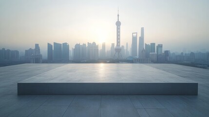Obraz premium Empty square floor with Shanghai city skyline background, light sky, and sun rays