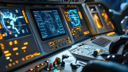 A space engineer developing AI powered autonomous spacecraft for space tourism, futuristic spaceport with real-time flight data simulations, High-tech style