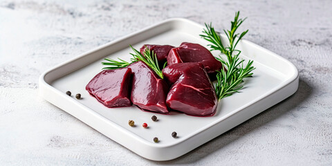 Raw venison medallions on white ceramic plate with rosemary sprigs and peppercorns, ready for gourmet cooking