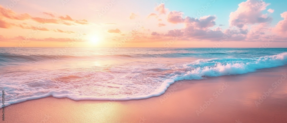 Poster serene beach scene at sunset with pastel clouds reflecting on the tranquil ocean waves and soft sand