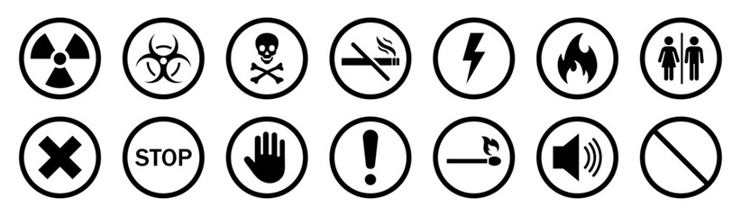 Warning and danger signs collection. Set of hazard warning signs symbols. Toxic biohazard waste forbid pictograph set isolated. Silhouette and outline style. Vector illustration.