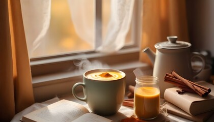 Cozy window scene with steaming turmeric lattes, open books & cinnamon sticks bathed in soft light. Perfect autumn relaxation with warm beverages, comfort & peaceful reading vibes