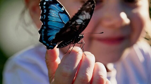 Blue morpho butterfly gently landing on child's finger, showcasing delicate beauty and connection with nature's vibrant wildlife moment