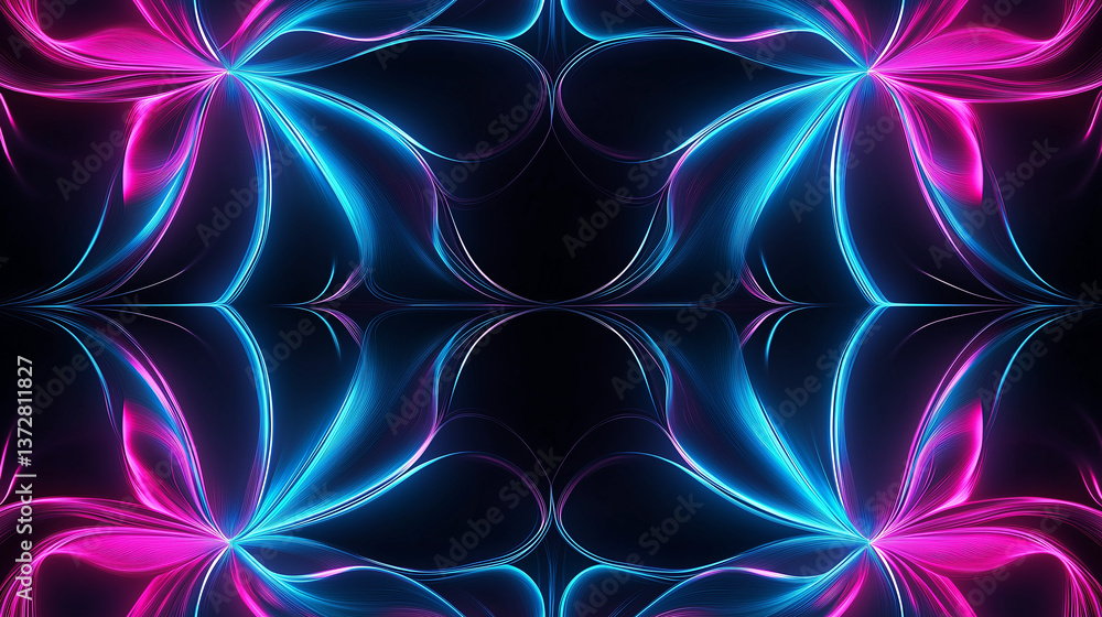 Aufkleber neon flowers blooming, creating a symmetrical and vibrant pattern on a dark background