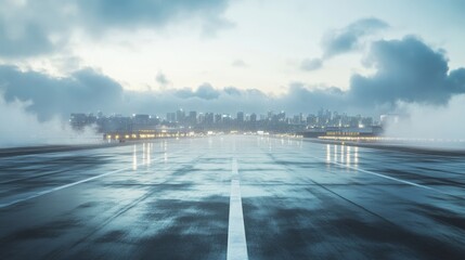 Tarmac photo with city background, clear city details, clean sky, realistic style, octane rendering, high resolution, high details, vibrant colors, volumetric light, glossy texture, white floor, techn