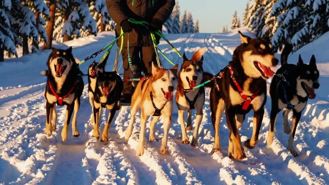 Winter expedition featuring energetic sled dogs pulling sledge through pristine snowy wilderness, professionally guided by experienced musher traversing scenic forest landscape