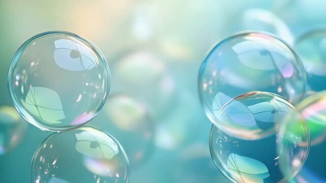 A collection of translucent bubbles floats gently against a calming backdrop, reflecting light as they move. This mesmerizing display invites viewers to appreciate the beauty of simplicit