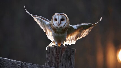 Barn owl spreads wings while perched on a wooden post, highlighted against a dusky evening backdrop, showcasing its majestic feather patterns - Powered by Adobe