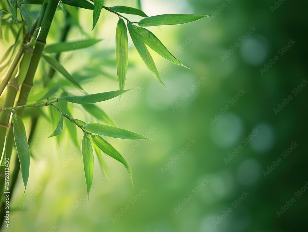Poster serene bamboo foliage in a tranquil forest setting with soft light creating a peaceful and zen atmos