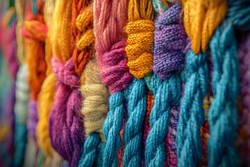 Colorful threads are knotted together displaying many different shades