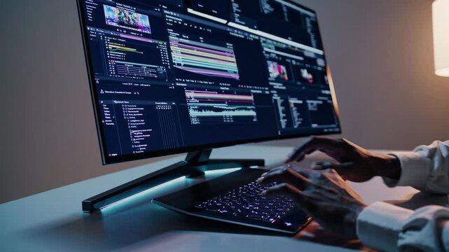 Skilled video editor intricately enhancing project with advanced editing software on dual monitor setup in creative studio