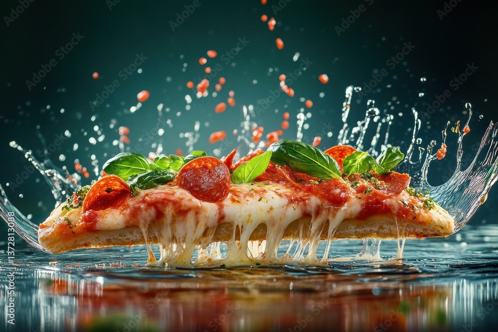 Poster Delicious pizza slice with cheese stretch and vibrant toppings captured in dynamic high-speed photography