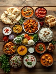 Authentic Indian Cuisine Feast Displayed on Rustic Wooden Tabletop Featuring Curries Rice Naan and Vibrant Spices in a Delicious Arrangement