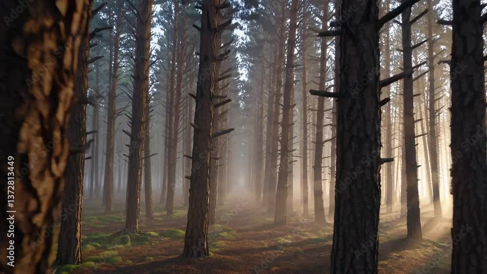 Poster soft sunlight filtering through misty pine forest, creating ethereal light rays cascading across tra