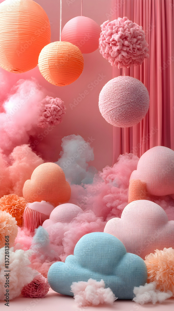 Poster dreamy composition of floating lanterns clouds and pastel smoke complemented by a soft curtain backd
