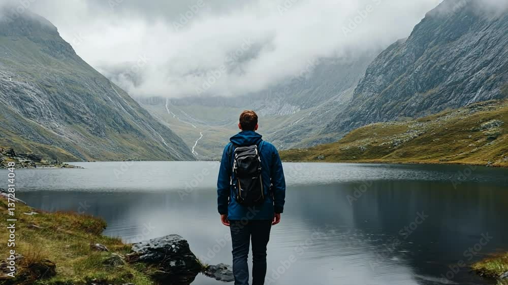 Aufkleber man enjoys a peaceful walk by the calm lake in the mountains generative ai