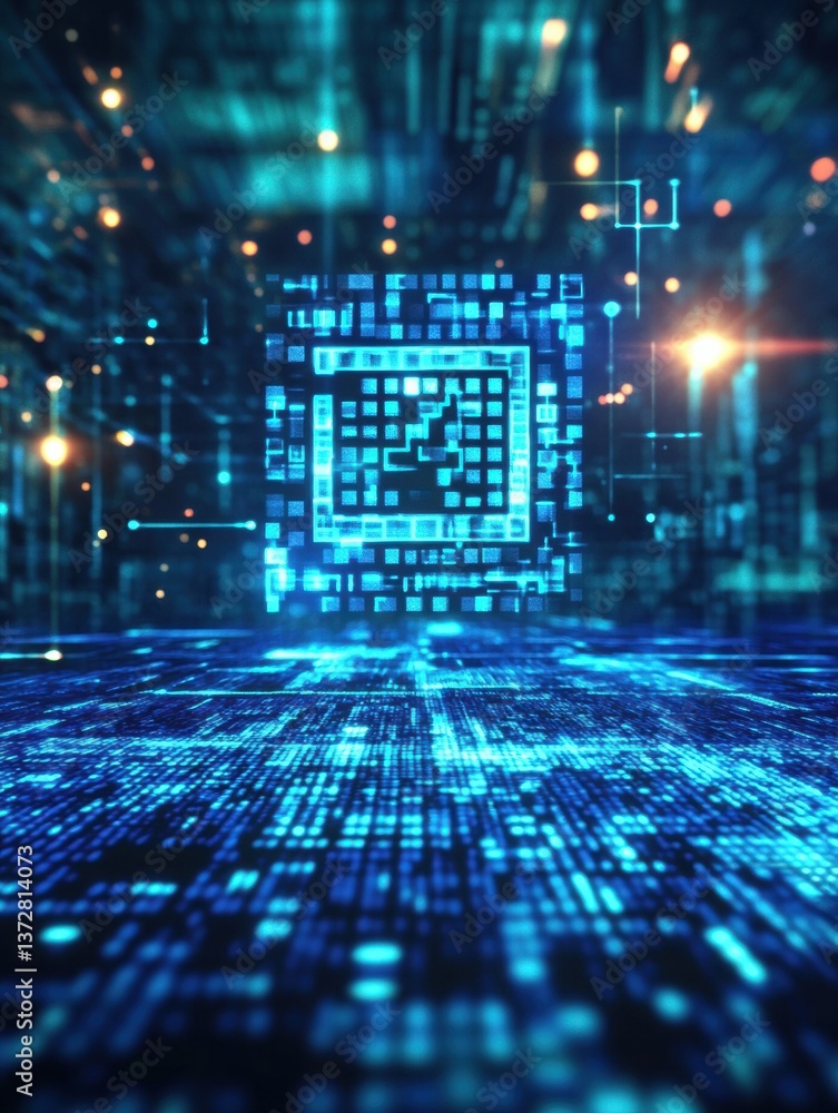 Aufkleber Futuristic QR code representing abstract financial security with blue lights and glowing elements in a digital environment