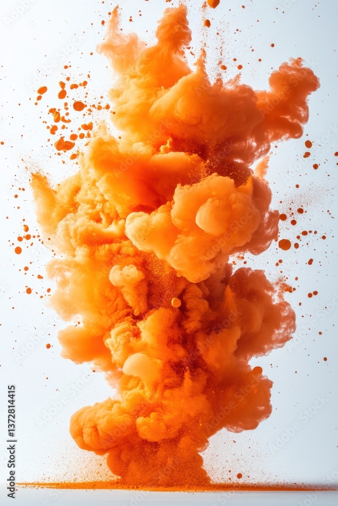 Poster ethereal orange pigment cloud explosion against bright backdrop creating dynamic abstract art with v