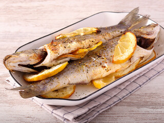 Baked sea bass fish