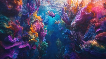 Colorful coral reef with fish underwater sunlight shining through the