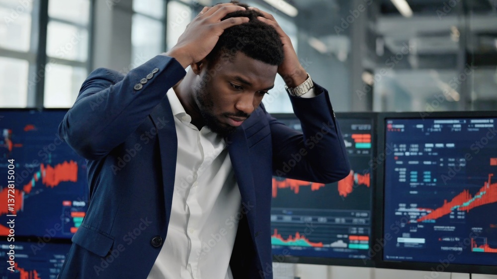Poster a businessman sitting in front of a computer, analyzing data