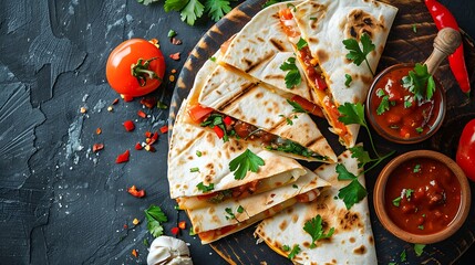 A plate of quesadillas with salsa and toppings.