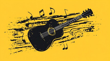 Silhouette of a guitar with musical notes on a yellow background.