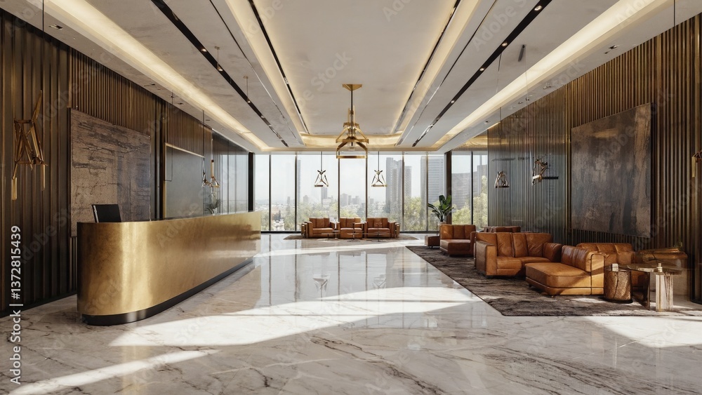 Poster a modern lobby with a marble floor and large windows, perfect for use in architectural or interior d