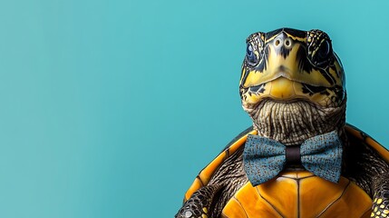 A turtle wearing a bowtie, looking at the camera on a blue background.