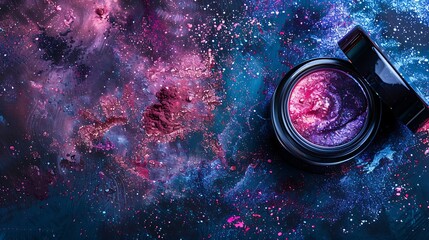 A black jar of sparkly pink and blue eyeshadow with a galaxy-like background.