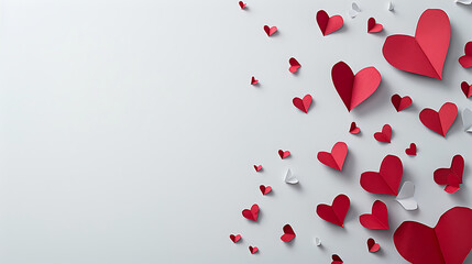 Red and white paper hearts scattered on a white background.