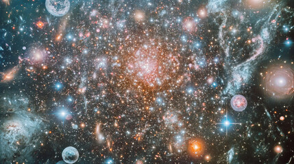 Cosmic exploration reveals a vibrant cluster of galaxies and celestial bodies in a stunning astronomical display