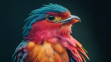 Close-up of a colorful bird with vibrant feathers,  its head turned slightly.