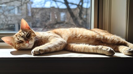 Orange tabby cat napping in a sunbeam on a windowsill.