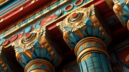 Obraz premium Ornate architectural detail featuring colorful columns and decorative carvings on