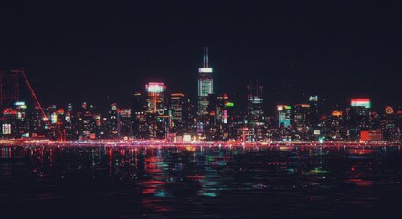 Fototapeta premium Neon cityscapes Neon cityscapes dissolving into analog TV static and chromatic distortion.