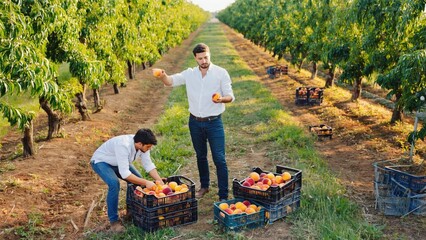 A couple harvesting fruit from a tree, perfect for foodie or family themed content