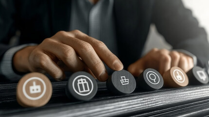 Hands adjusting symbols on tokens signifying different business functions in a modern office setting during the day