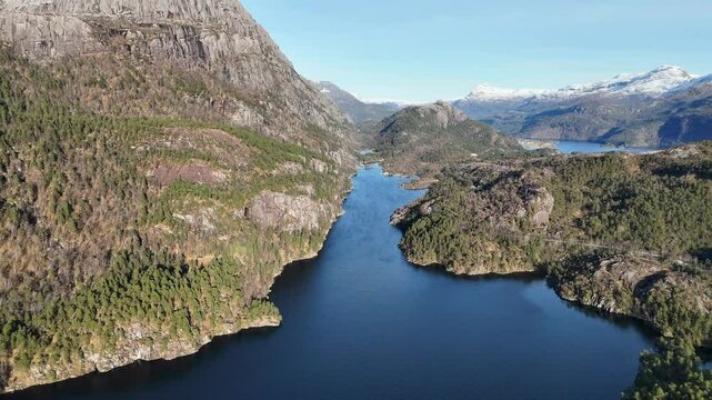 Aerial view of the beautiful Haukaavatnet near Floroe, Norway on a suny day