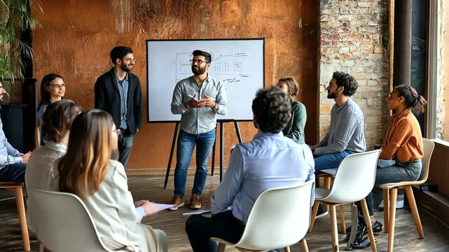 Group of professionals engaged in a collaborative brainstorming session in a modern office space with a whiteboard