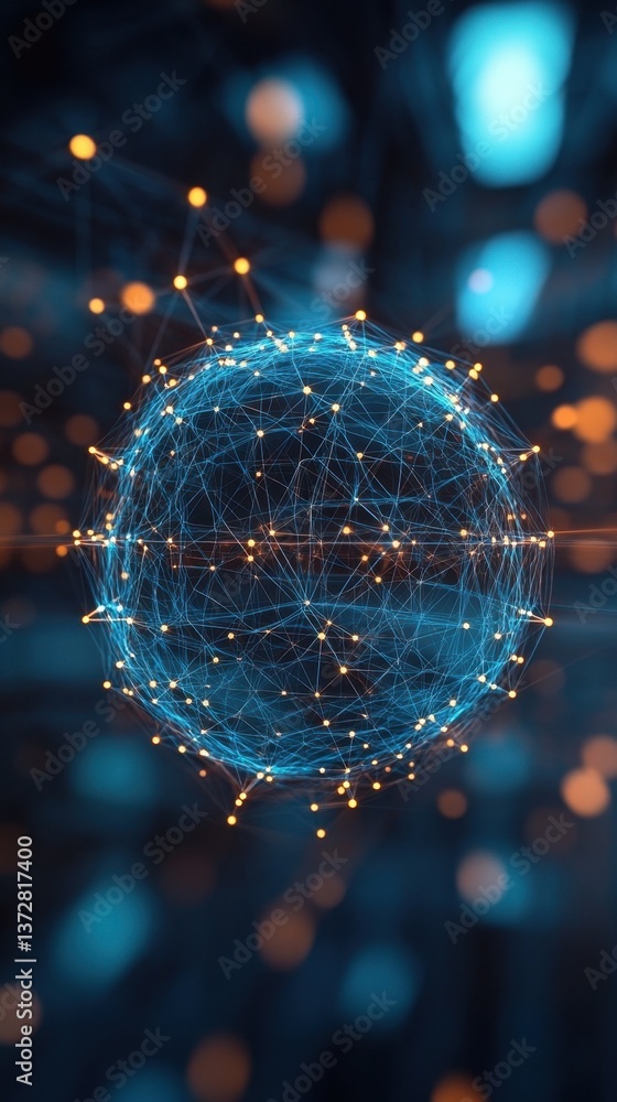 Poster abstract futuristic sphere with glowing nodes and intricate network connections on a dark background