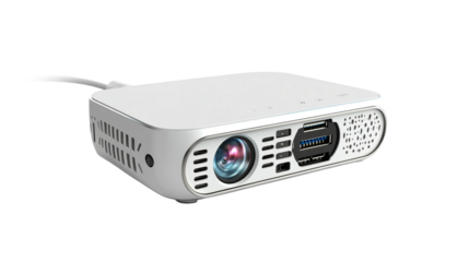 A pocket-sized projector with HDMI port, isolated on white background --ar 16:9