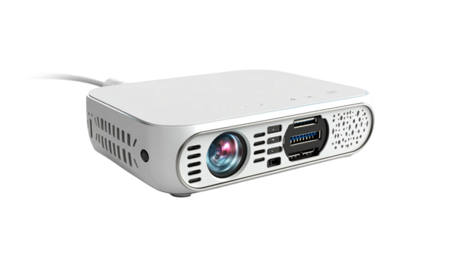 A pocket-sized projector with HDMI port, isolated on white background --ar 16:9