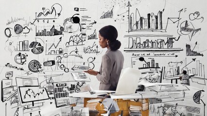 A woman sits at a desk with an open laptop, possibly working or browsing