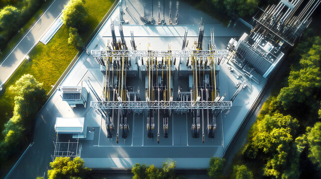 High angle view of a substation with switchgear and transmission transformers for high voltage electric power distribution