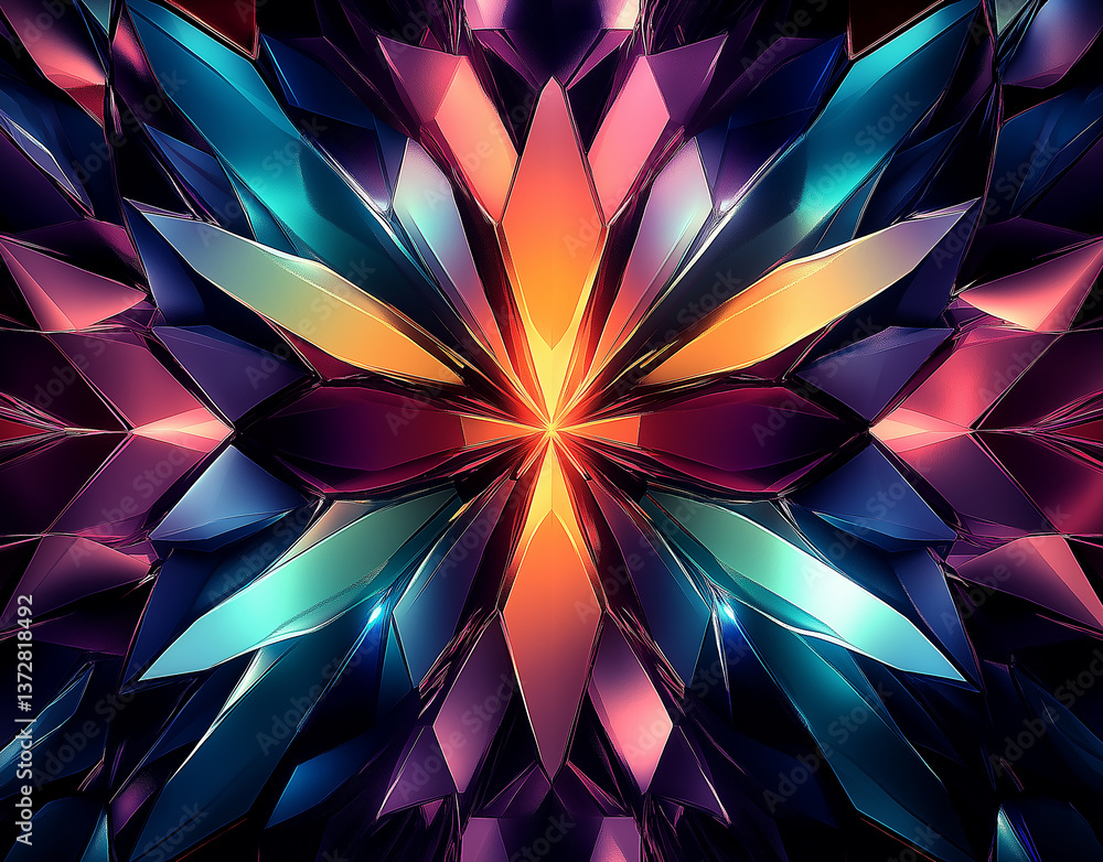 Poster colorful crystal shards converging towards bright center: abstract background